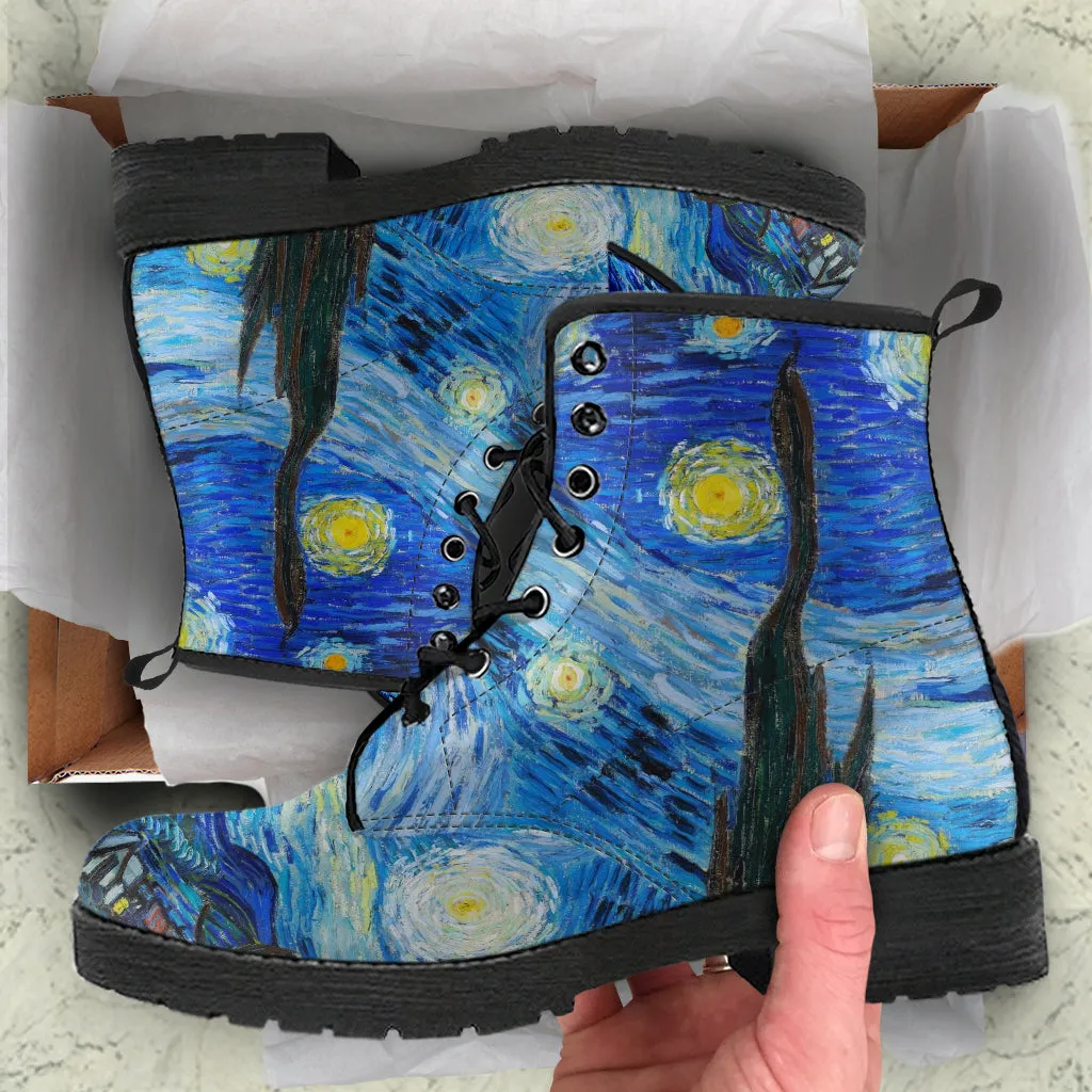 Combat Boots - Vintage Art, Vincent van Gogh: The Starry Night | Custom Shoes, Vegan Leather Lace Up Boots, 90s Boots, 2000s Boots