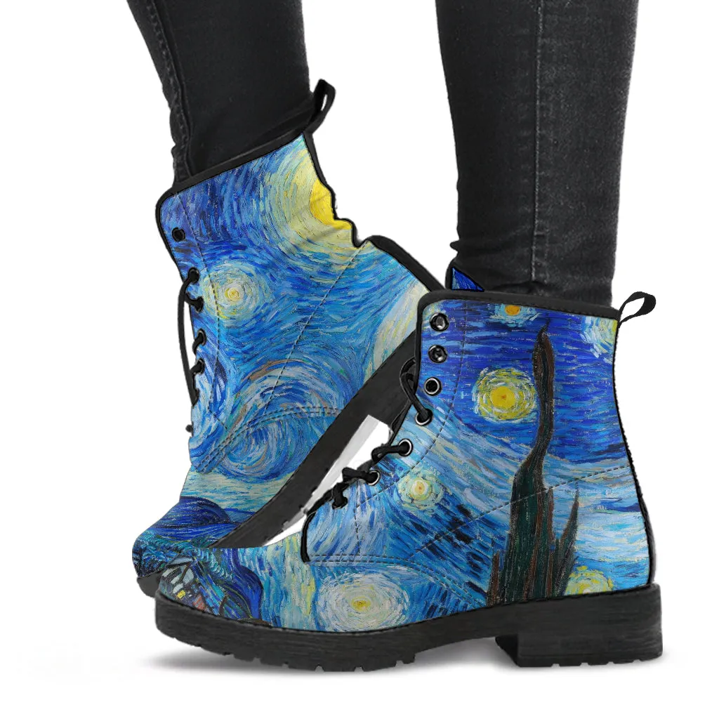 Combat Boots - Vintage Art, Vincent van Gogh: The Starry Night | Custom Shoes, Vegan Leather Lace Up Boots, 90s Boots, 2000s Boots