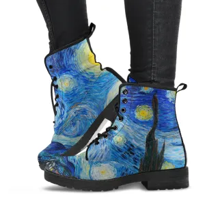 Combat Boots - Vintage Art, Vincent van Gogh: The Starry Night | Custom Shoes, Vegan Leather Lace Up Boots, 90s Boots, 2000s Boots