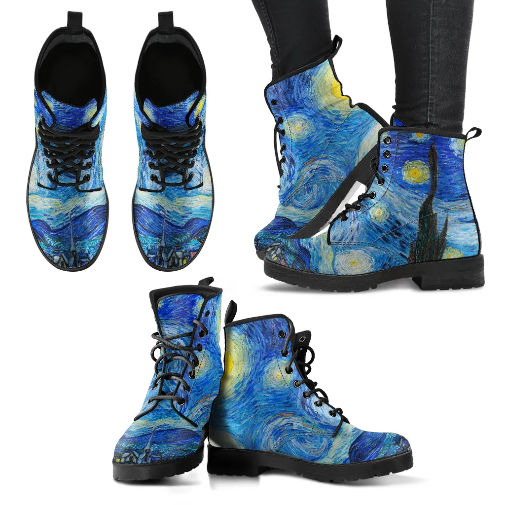 Combat Boots - Vintage Art, Vincent van Gogh: The Starry Night | Custom Shoes, Vegan Leather Lace Up Boots, 90s Boots, 2000s Boots