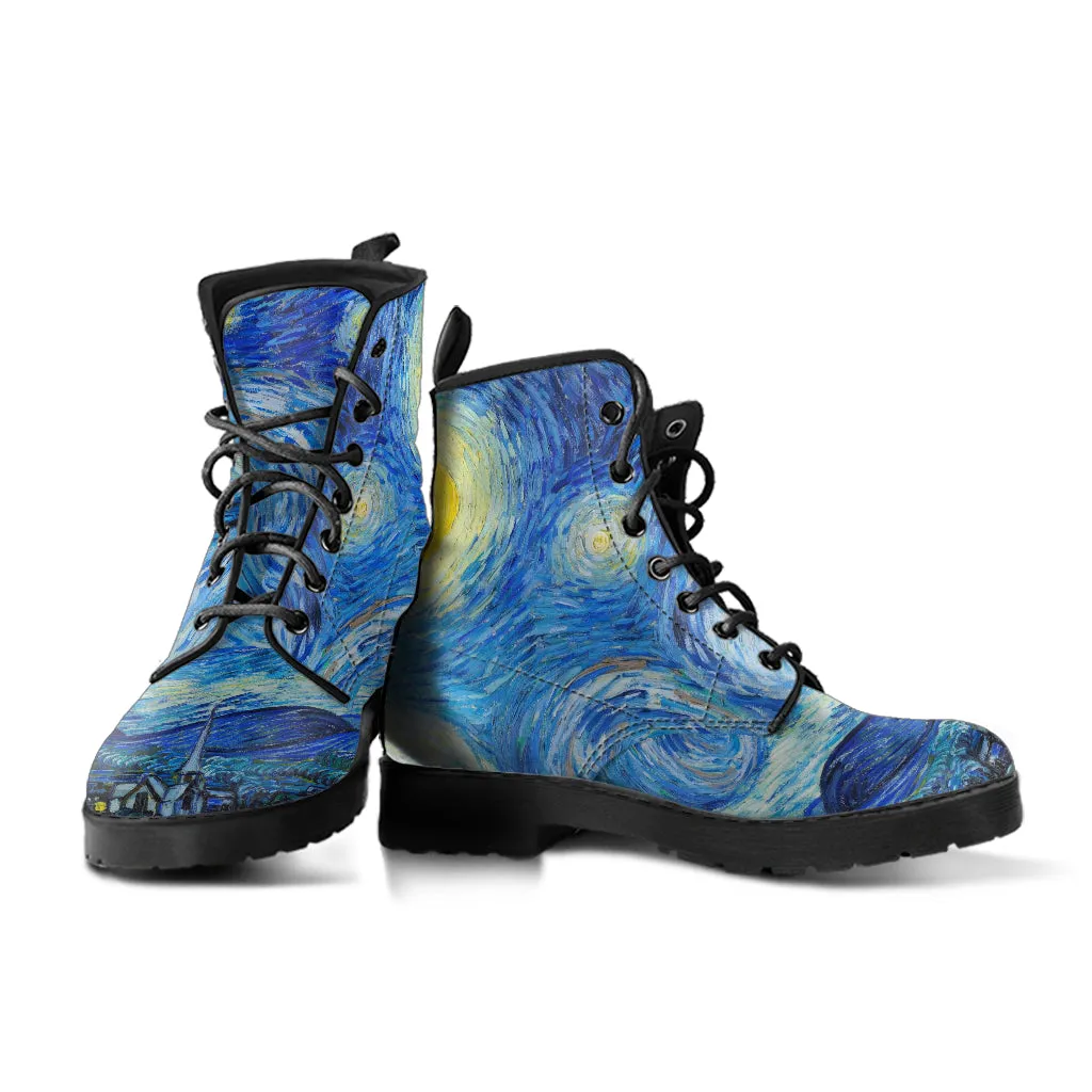 Combat Boots - Vintage Art, Vincent van Gogh: The Starry Night | Custom Shoes, Vegan Leather Lace Up Boots, 90s Boots, 2000s Boots