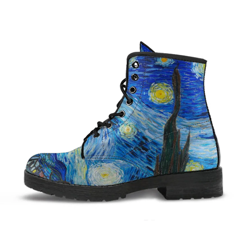 Combat Boots - Vintage Art, Vincent van Gogh: The Starry Night | Custom Shoes, Vegan Leather Lace Up Boots, 90s Boots, 2000s Boots