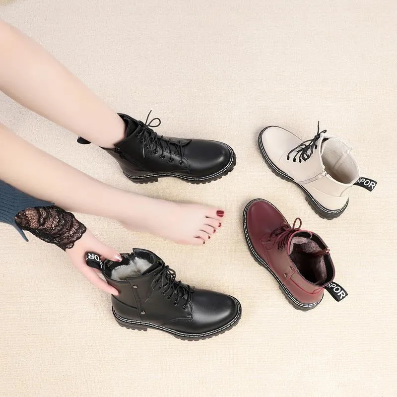 Genuine Leather Snow Ankle Boots for Women / Warm Wool Autumn and Winter Female Shoes