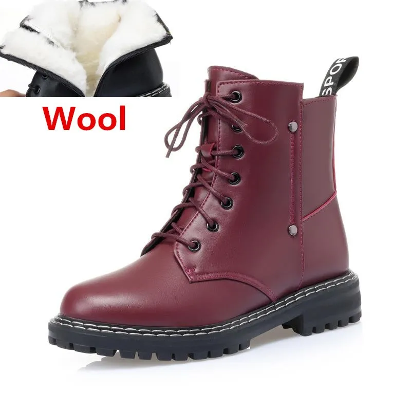 Genuine Leather Snow Ankle Boots for Women / Warm Wool Autumn and Winter Female Shoes