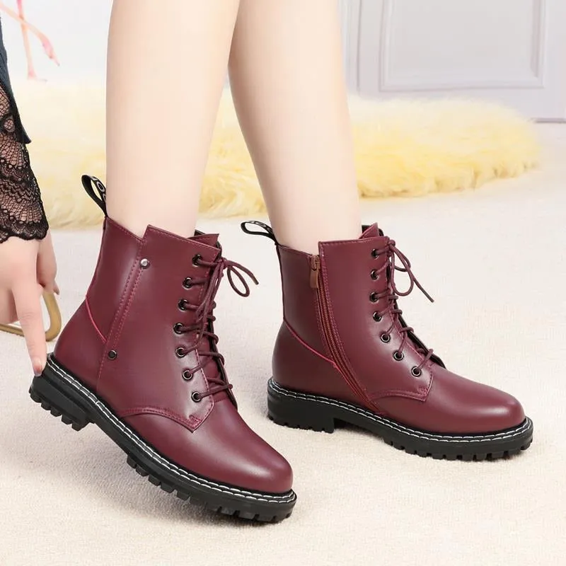 Genuine Leather Snow Ankle Boots for Women / Warm Wool Autumn and Winter Female Shoes