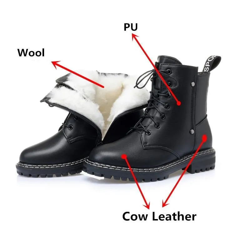 Genuine Leather Snow Ankle Boots for Women / Warm Wool Autumn and Winter Female Shoes
