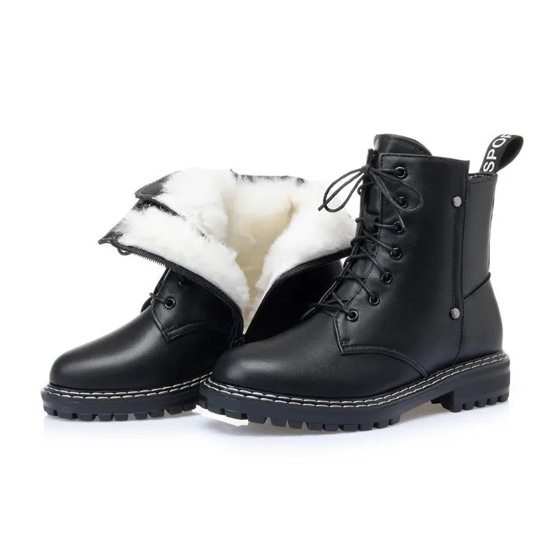Genuine Leather Snow Ankle Boots for Women / Warm Wool Autumn and Winter Female Shoes