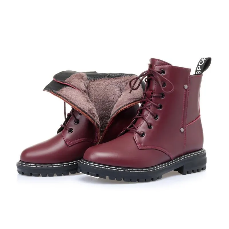 Genuine Leather Snow Ankle Boots for Women / Warm Wool Autumn and Winter Female Shoes
