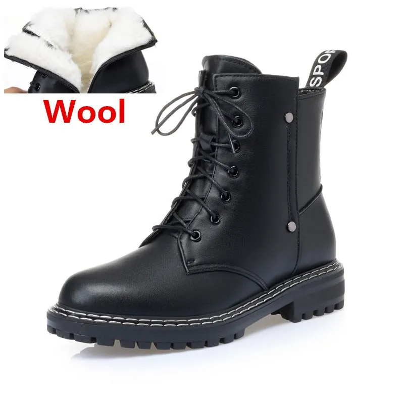 Genuine Leather Snow Ankle Boots for Women / Warm Wool Autumn and Winter Female Shoes