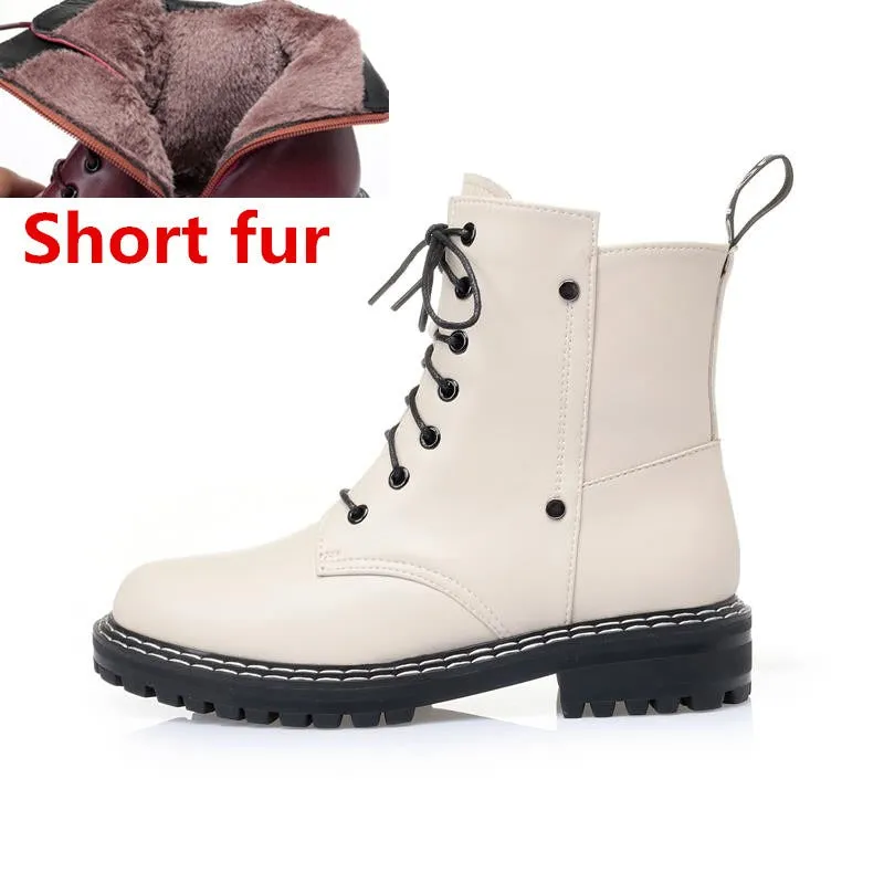 Genuine Leather Snow Ankle Boots for Women / Warm Wool Autumn and Winter Female Shoes