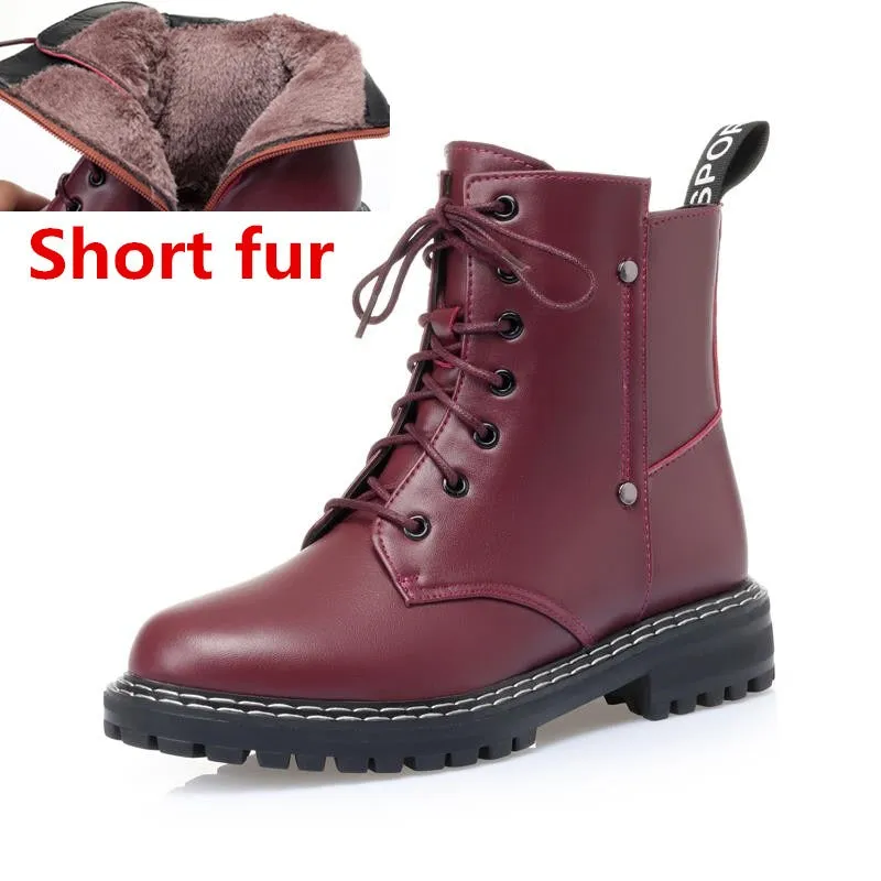 Genuine Leather Snow Ankle Boots for Women / Warm Wool Autumn and Winter Female Shoes