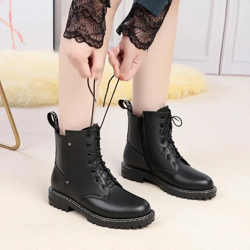 Genuine Leather Snow Ankle Boots for Women / Warm Wool Autumn and Winter Female Shoes