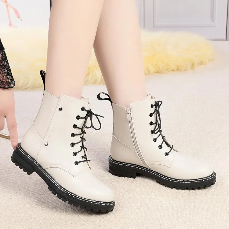 Genuine Leather Snow Ankle Boots for Women / Warm Wool Autumn and Winter Female Shoes