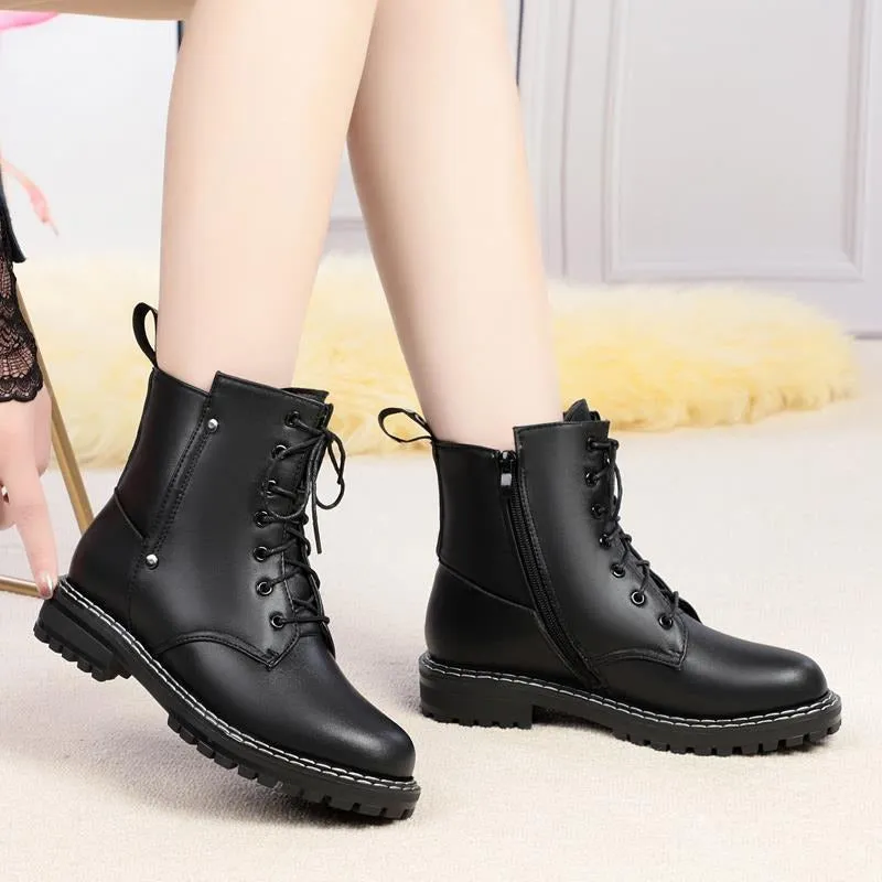 Genuine Leather Snow Ankle Boots for Women / Warm Wool Autumn and Winter Female Shoes