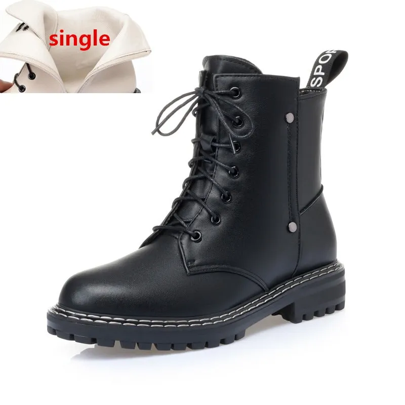Genuine Leather Snow Ankle Boots for Women / Warm Wool Autumn and Winter Female Shoes