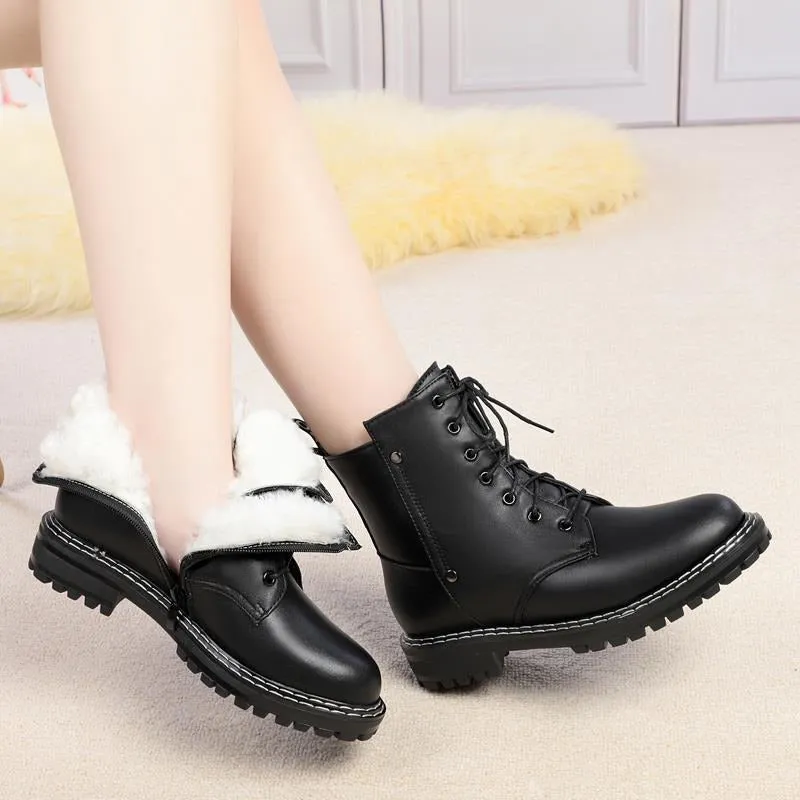 Genuine Leather Snow Ankle Boots for Women / Warm Wool Autumn and Winter Female Shoes