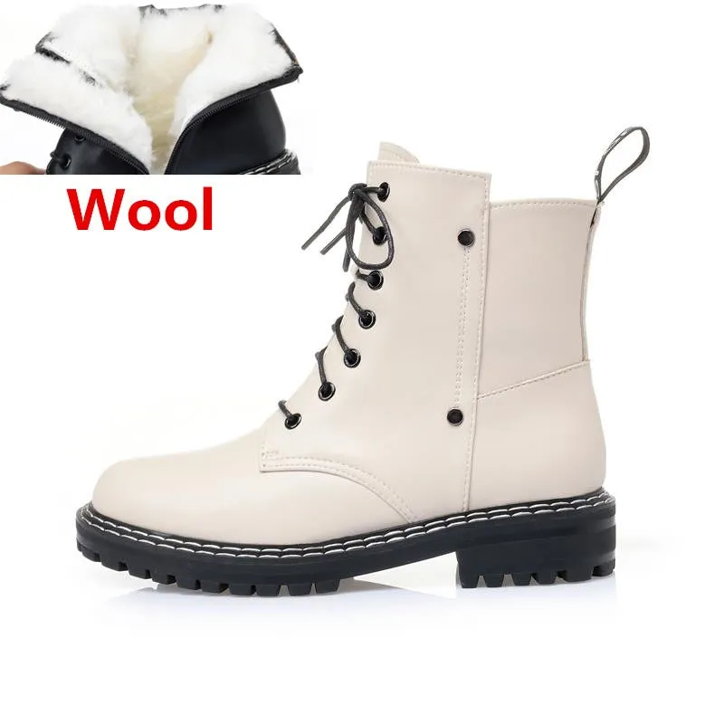 Genuine Leather Snow Ankle Boots for Women / Warm Wool Autumn and Winter Female Shoes
