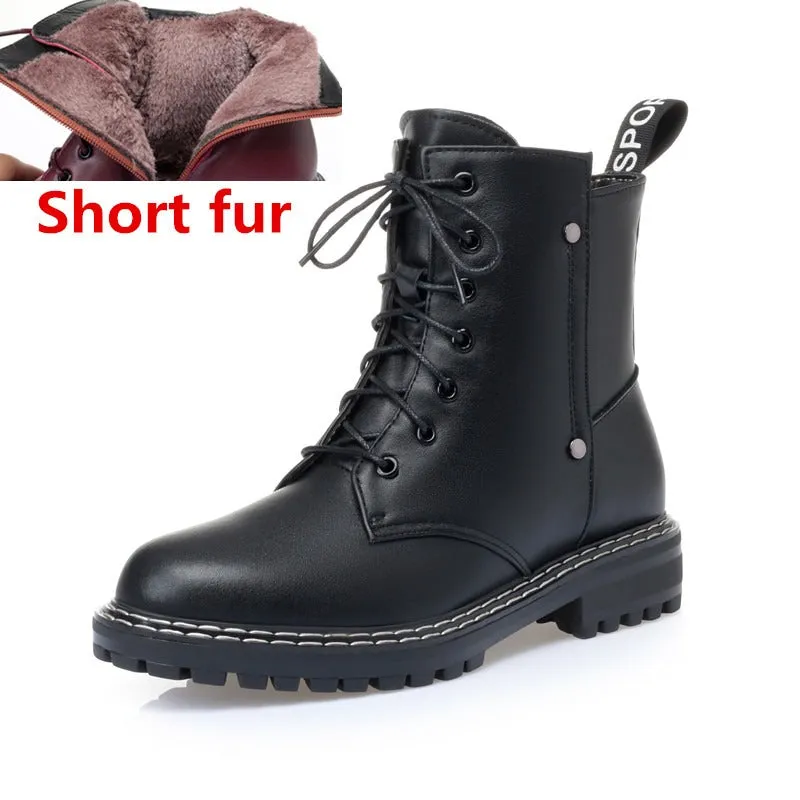 Genuine Leather Snow Ankle Boots for Women / Warm Wool Autumn and Winter Female Shoes