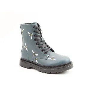 Heavenly Feet Justina 2 Bee Print Ladies Dark Ocean Vegan Zip & Lace Ankle Boots
