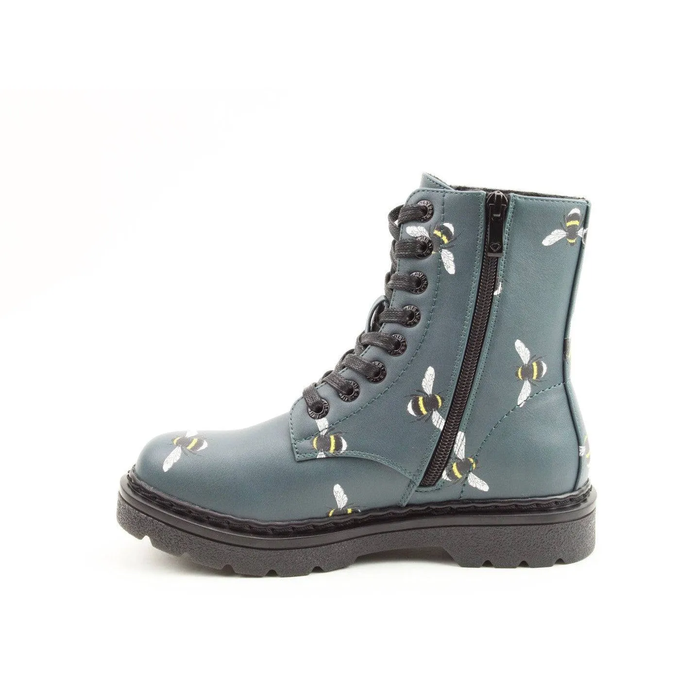 Heavenly Feet Justina 2 Bee Print Ladies Dark Ocean Vegan Zip & Lace Ankle Boots