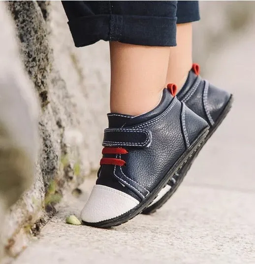 Jack & Lily White and Navy Leather with Red Laces Baby Boy Sneakers : Sizes 0m to 36m