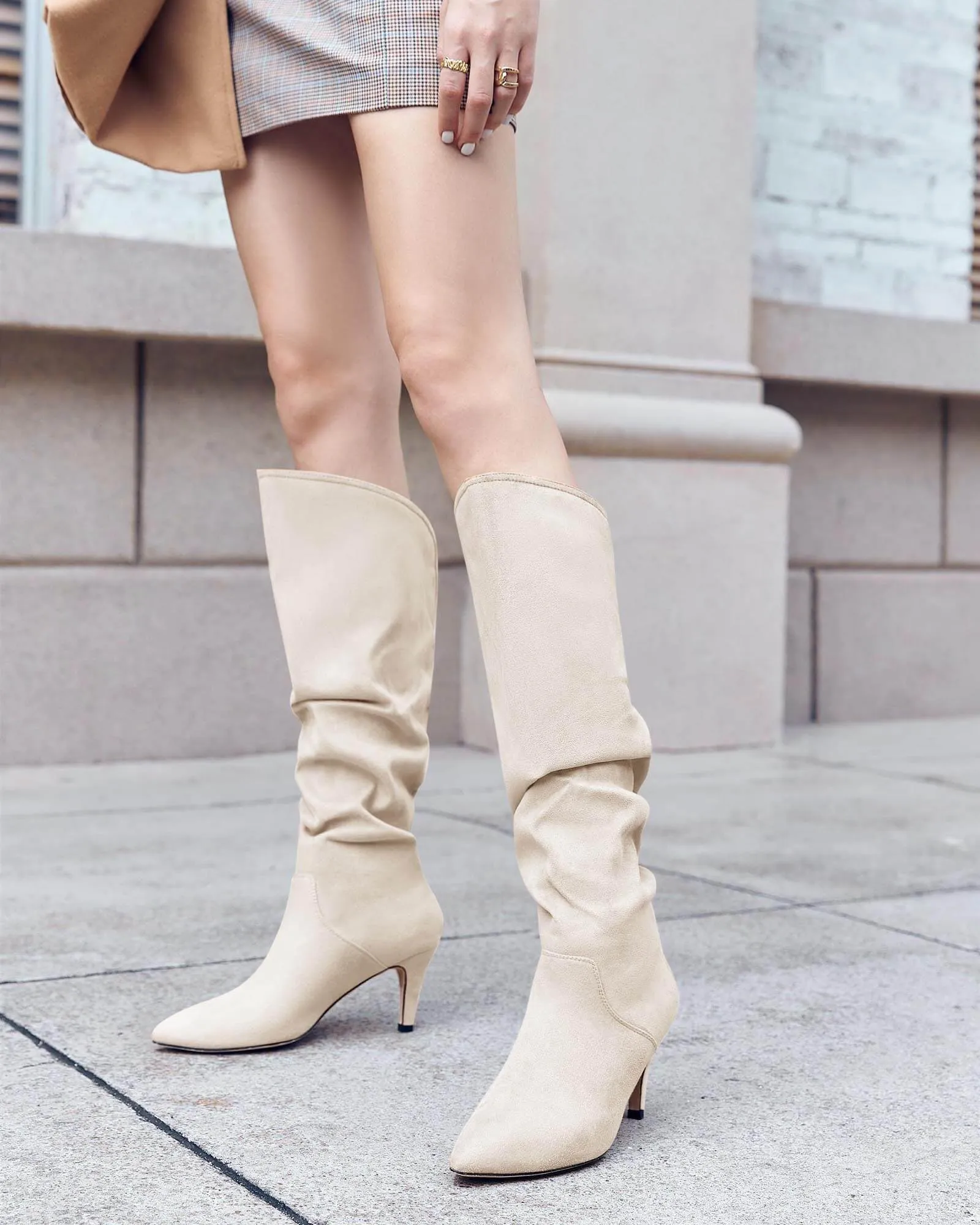 Suede Beige Slouchy Kitten Heel Wide Calf Boots