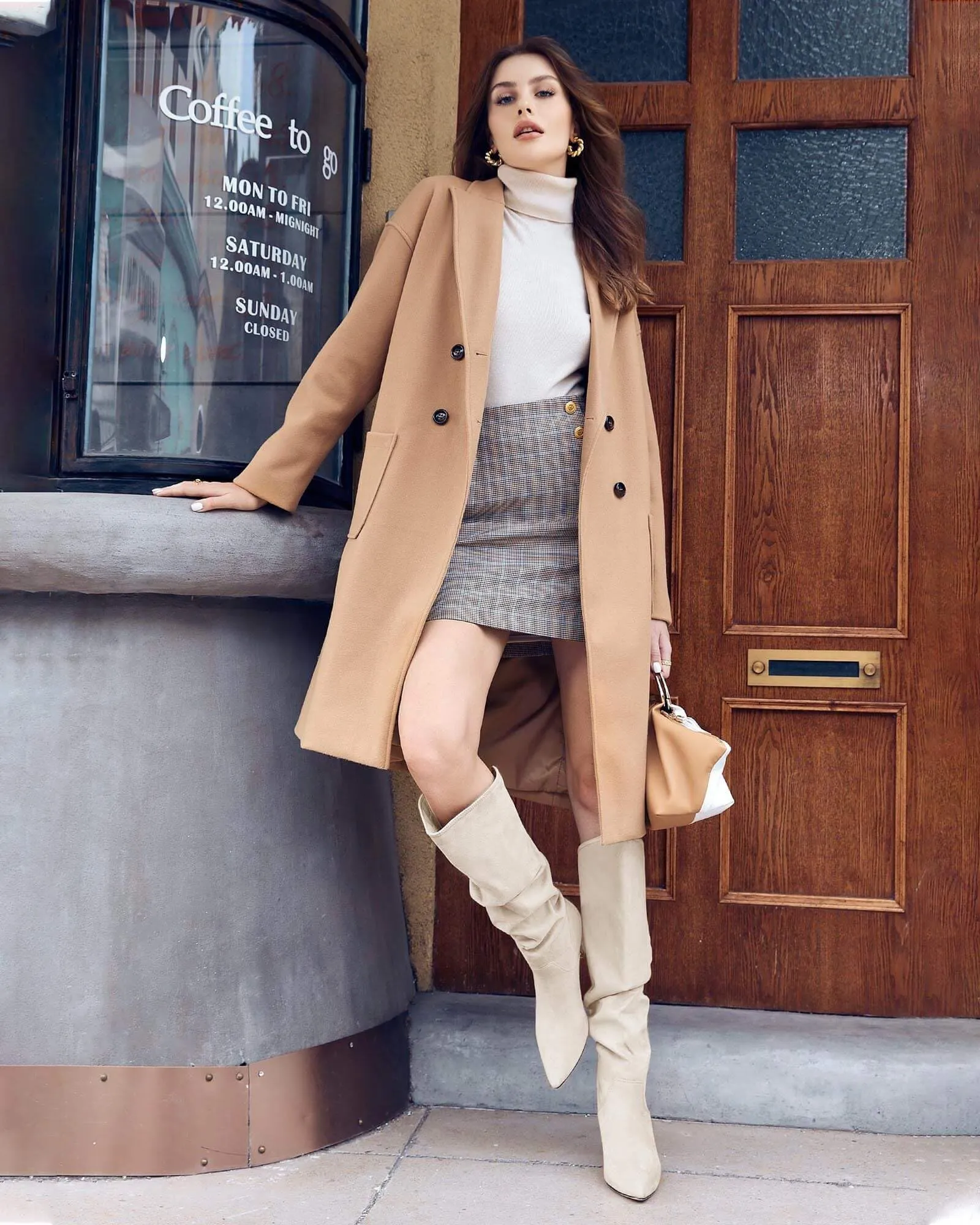 Suede Beige Slouchy Kitten Heel Wide Calf Boots